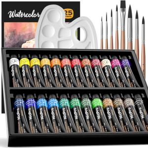 image:imageNicpro Watercolor Paint Set for Adults Beginner amp Artists 24 Tubes Water Color Paint Set with 25 Watercolor Paper 8 Squirrel Paint Brushes Palettes Color Wheel Art Painting Supplies24 Colors