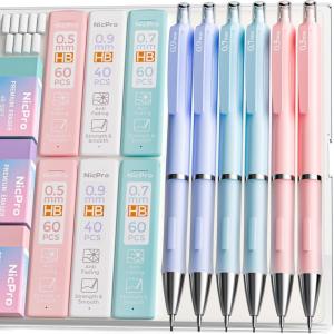 image:imageNicpro 6PCS Pastel Mechanical Pencil Set Cute Mechanical Pencils 05 mm amp 07 mm amp 09 mm with 360PCS HB Lead Refills Eraser Eraser Refill for Student Writing Drawing Sketching Drafting with Case6 Pack 05mm07mm09mm