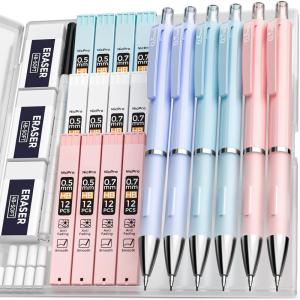 image:imageNicpro 6PCS Pastel Mechanical Pencil Set Cute Mechanical Pencils 05 mm amp 07 mm amp 09 mm with 360PCS HB Lead Refills Eraser Eraser Refill for Student Writing Drawing Sketching Drafting with Case6 Pack 05mm07mm