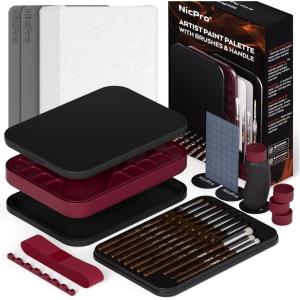 image:imageNicpro Professional Miniature Painting Kit with Wet Palette Miniature Painting Handle amp 11PCS Detail Paint Brushes Drybrush Sponge Pallet Paper Brush Holder Mixing Paint Saver PaletteRed  Black