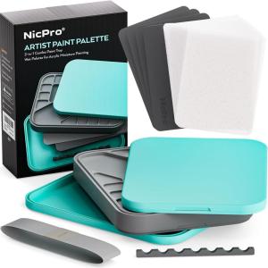 image:imageNicpro Stay Wet Palette for Acrylic Miniature Painting Kit Paint Tray Palettes with 100PCS Pallet Paper 4PCS Sponge Brush Holder Mixing Paint Saver Palette for Miniature Model PaintBlue