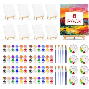image:imageNicpro 8 Pack 810 Inch Canvas Boards Kits for Painting Art Canvas Set with 16 Brushes 8 Paint Trays 8  12 Acrylic Paint Mini Drawing Easel Set Sip and Paint Kit for Adults Party