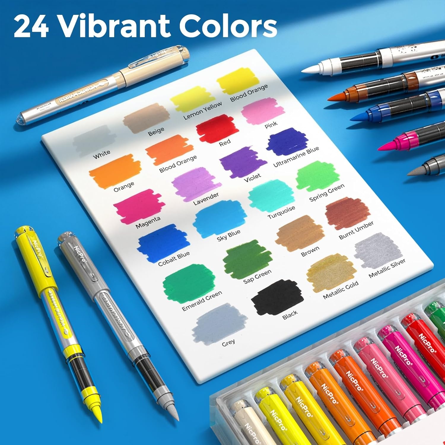 image:imageNicpro 24 Colors Acrylic Paint Markers Brush Tip with 6PCS Art Mechanical Pencil Set