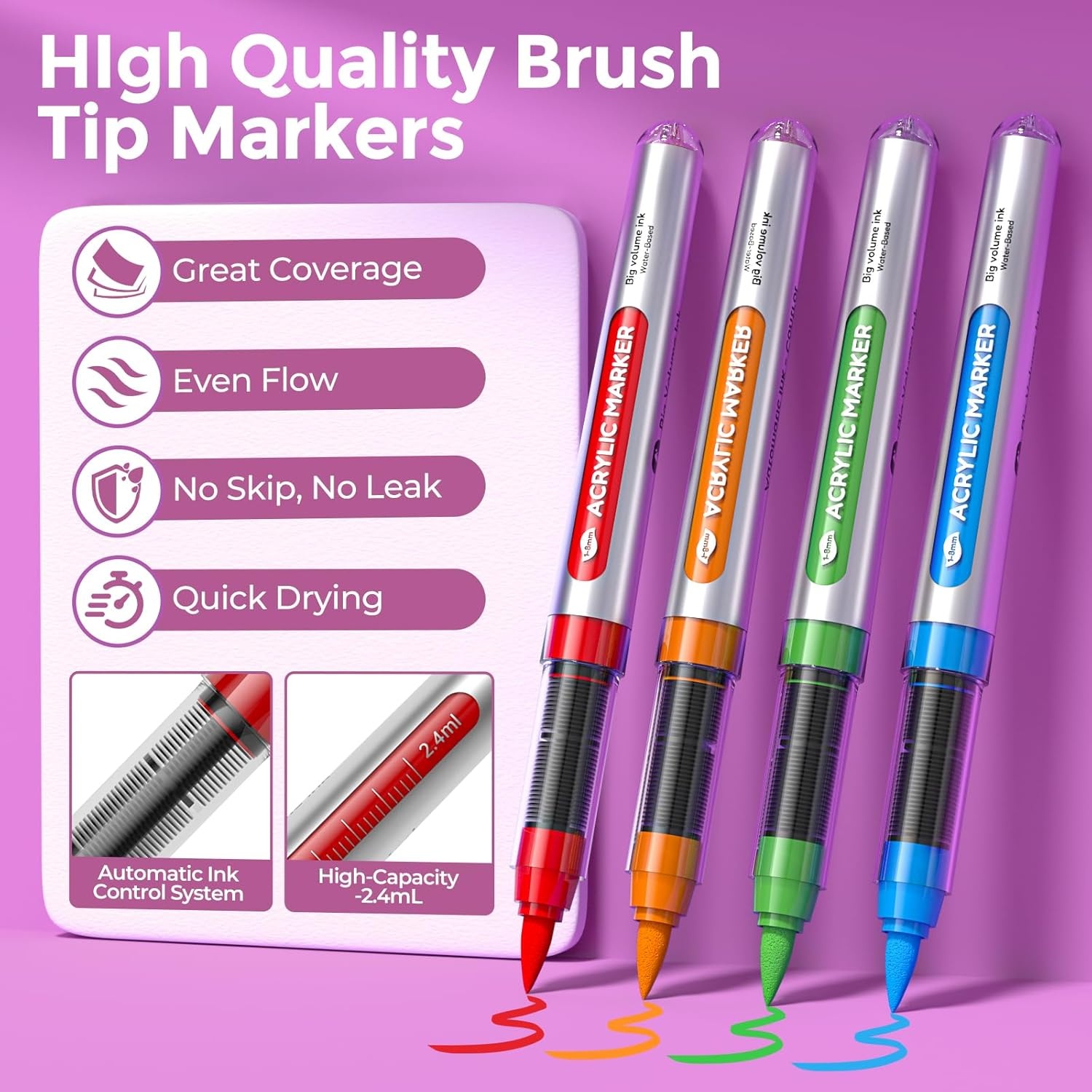 image:imageNicpro 24 Colors Acrylic Paint Markers Brush Tip with Cute Mechanical Pencil Set