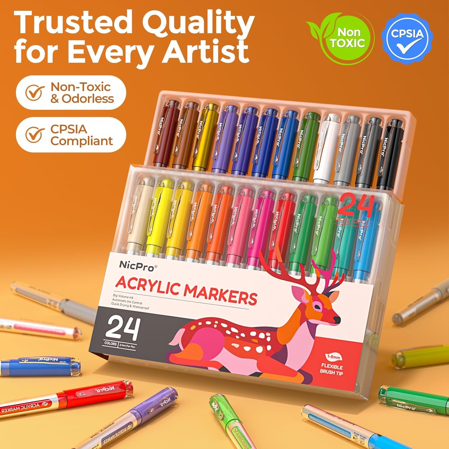 image:imageNicpro 24 Colors Acrylic Paint Markers Brush Tip with Cute Mechanical Pencil Set