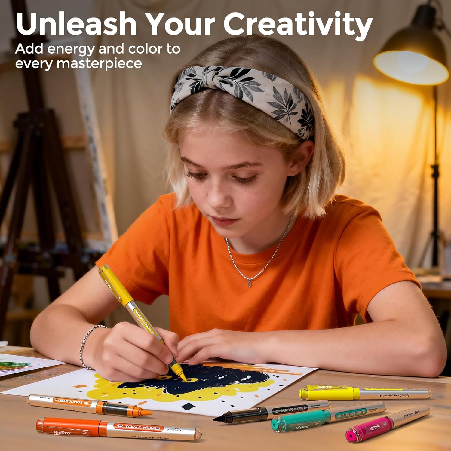 image:imageNicpro 24 Colors Acrylic Paint Markers Brush Tip with Cute Mechanical Pencil Set