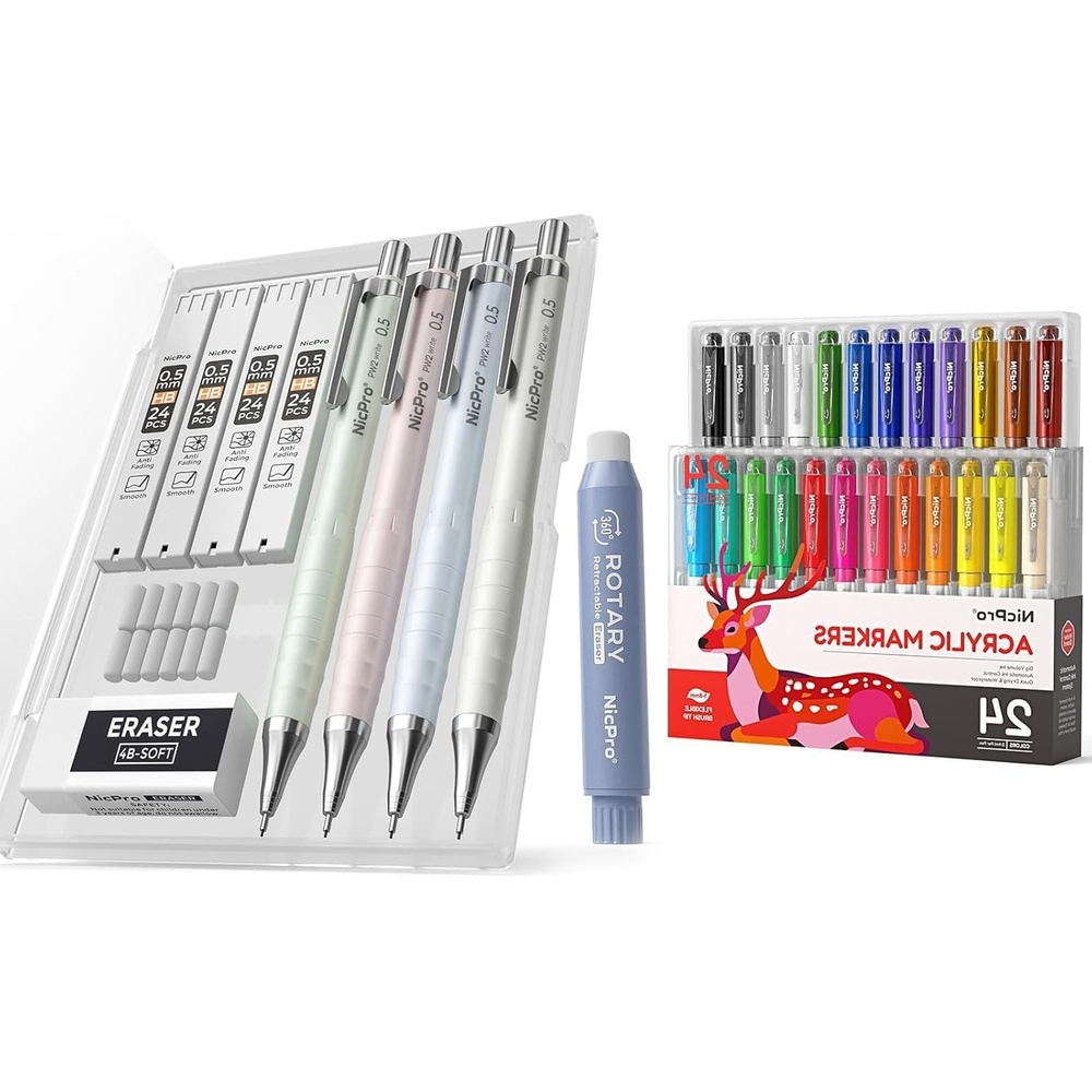 image:imageNicpro 24 Colors Acrylic Paint Markers Brush Tip with Cute Mechanical Pencil Set
