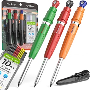 image:imageNicpro 3 Pack 7in1 Magnetic Carpenter Pencils with Sharpener CP5000 Construction Mechanical Pencil30 Refill Deep Hole Marker for Construction Woodworking Pencil Carpenter Tools for MarkingOrange Green Red Black