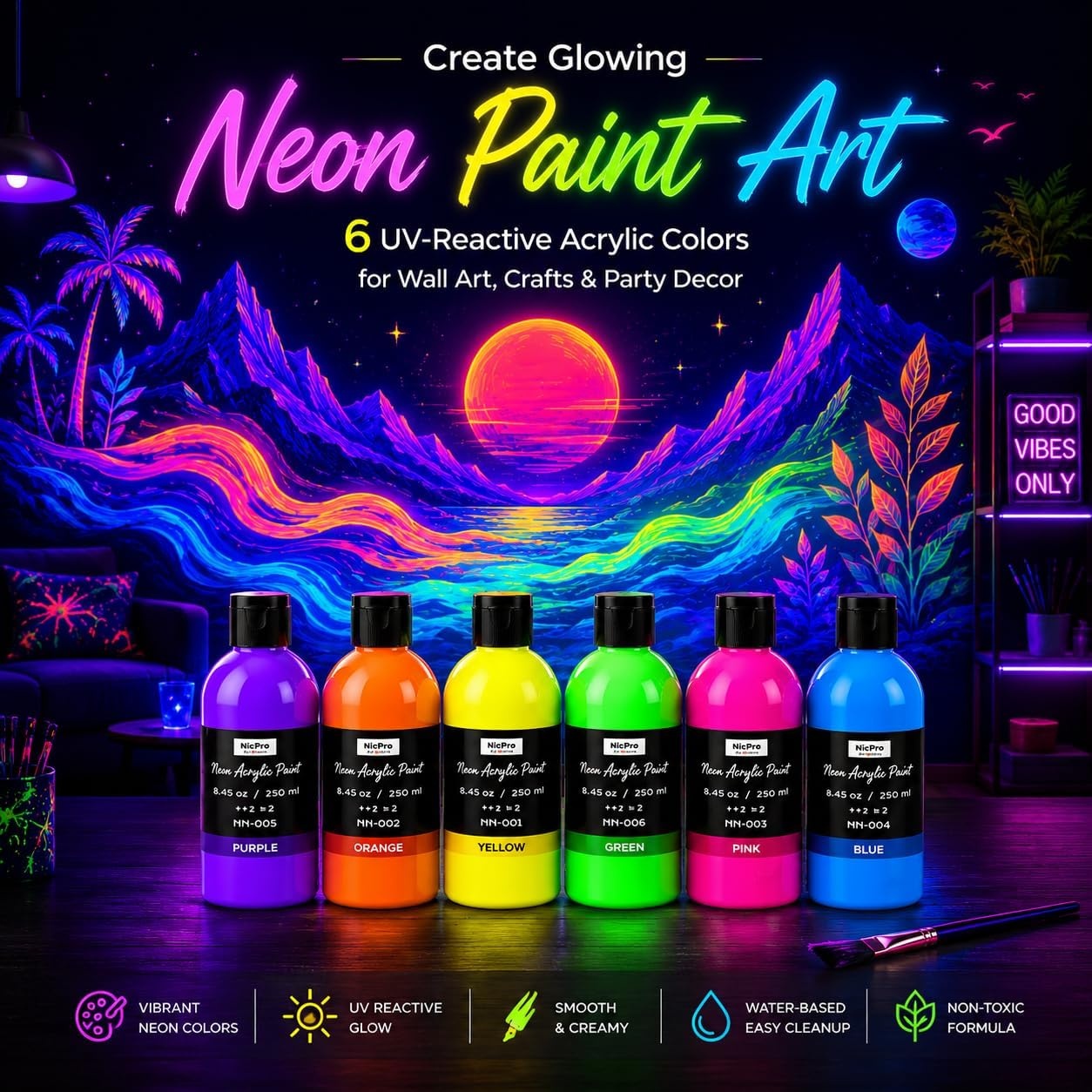 image:imageNicpro 6 Colors Large Fluorescent Acrylic Paint Set 338 oz Glow in the Black Light NonToxic amp Vibrant Neon Paint for Neon Party Decoration DIY Project on MultiSurface Canvas Rock Wood Craft845 Fl Oz Pack of 6