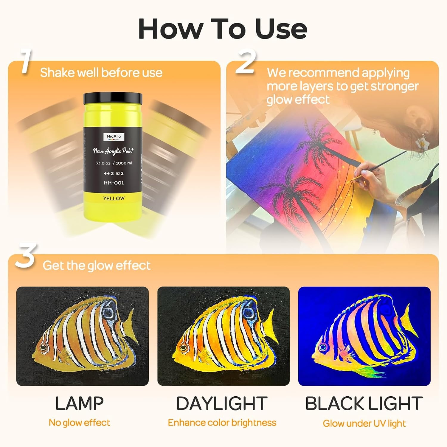 image:imageNicpro 6 Colors Large Fluorescent Acrylic Paint Set 338 oz Glow in the Black Light NonToxic amp Vibrant Neon Paint for Neon Party Decoration DIY Project on MultiSurface Canvas Rock Wood Craft338 Fl Oz Pack of 6