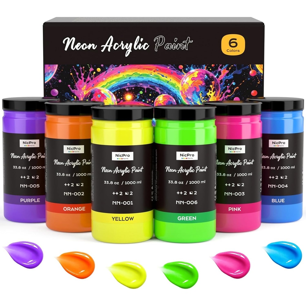 image:imageNicpro 6 Colors Large Fluorescent Acrylic Paint Set 338 oz Glow in the Black Light NonToxic amp Vibrant Neon Paint for Neon Party Decoration DIY Project on MultiSurface Canvas Rock Wood Craft338 Fl Oz Pack of 6