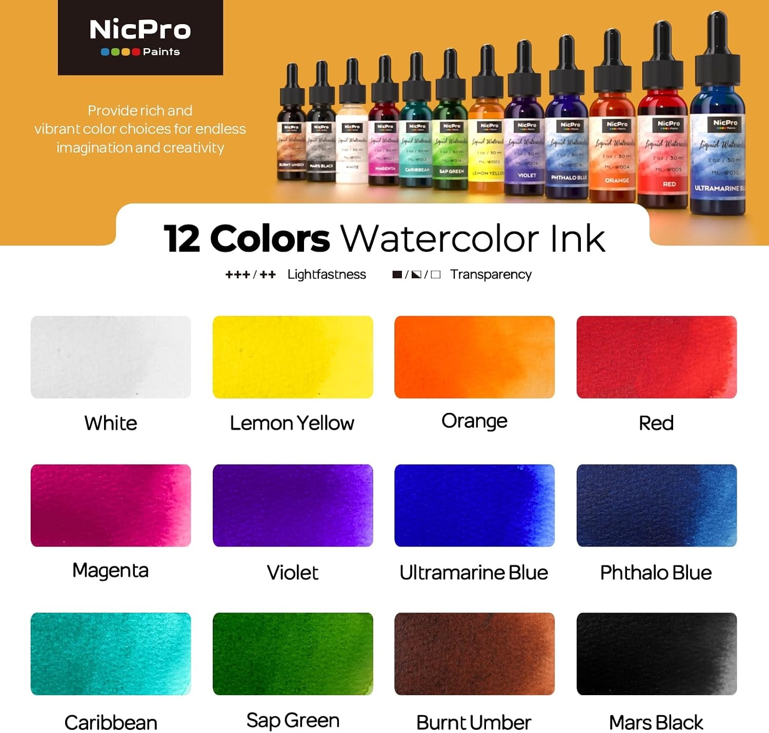 image:imageNicpro 12 Colors Liquid Watercolor Paint Set 30ml 1oz Ink Dropper Bottles  Liquid Watercolor Paint NonToxic Water Colors Painting Supplies for Calligraphy Illustration Journaling amp Crafts