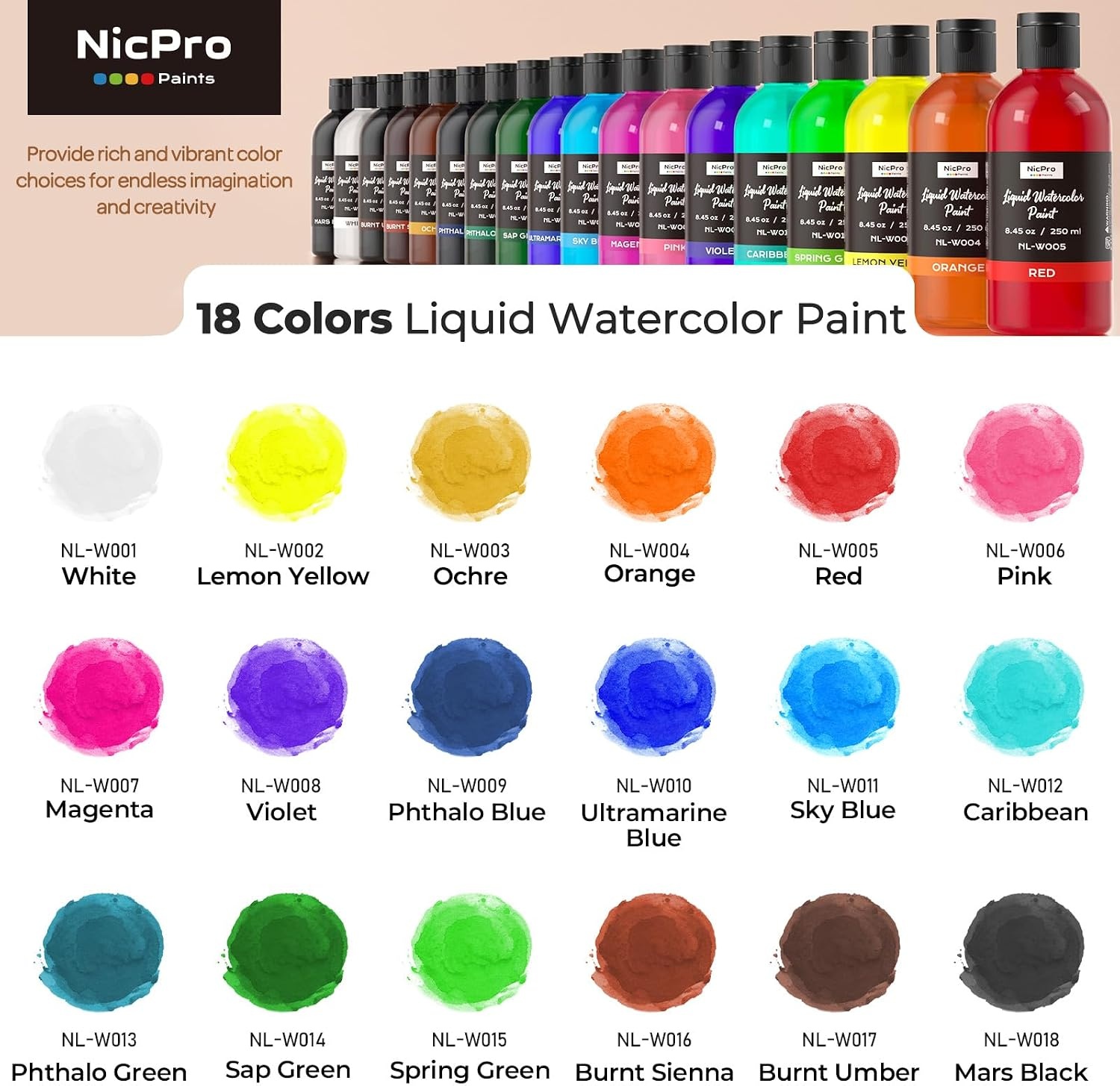 image:imageNicpro 6 Colors Liquid Watercolor Paint Set 2 oz Concentrated Water Color Paints for Kids amp Adults NonToxic Classroom Art Supplies for School Home Crafts Slime Glue Clay Party Activities18 Colors