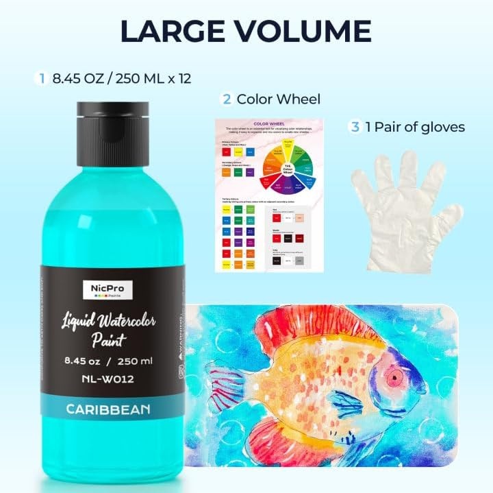 image:imageNicpro 6 Colors Liquid Watercolor Paint Set 2 oz Concentrated Water Color Paints for Kids amp Adults NonToxic Classroom Art Supplies for School Home Crafts Slime Glue Clay Party Activities12 Colors