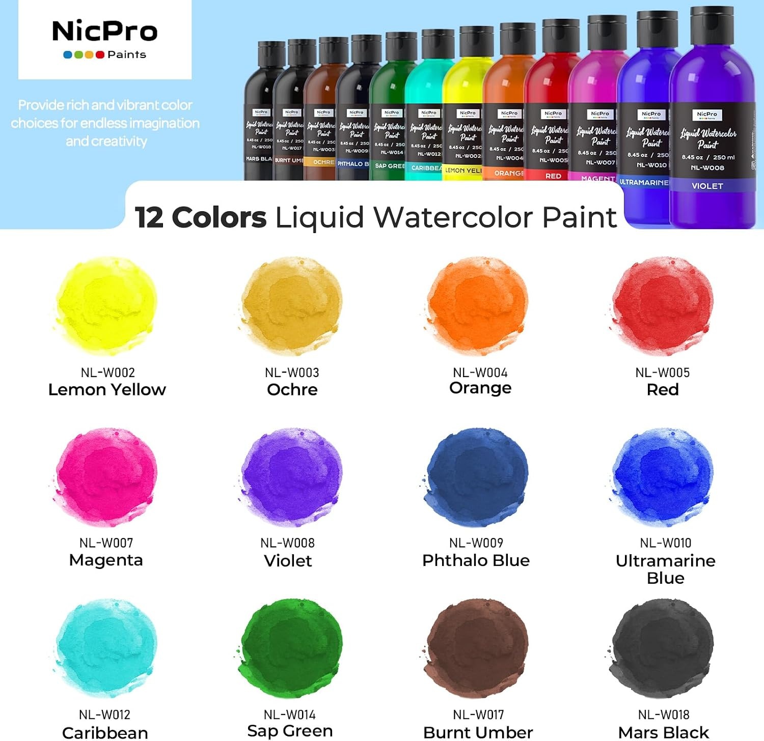 image:imageNicpro 6 Colors Liquid Watercolor Paint Set 2 oz Concentrated Water Color Paints for Kids amp Adults NonToxic Classroom Art Supplies for School Home Crafts Slime Glue Clay Party Activities12 Colors