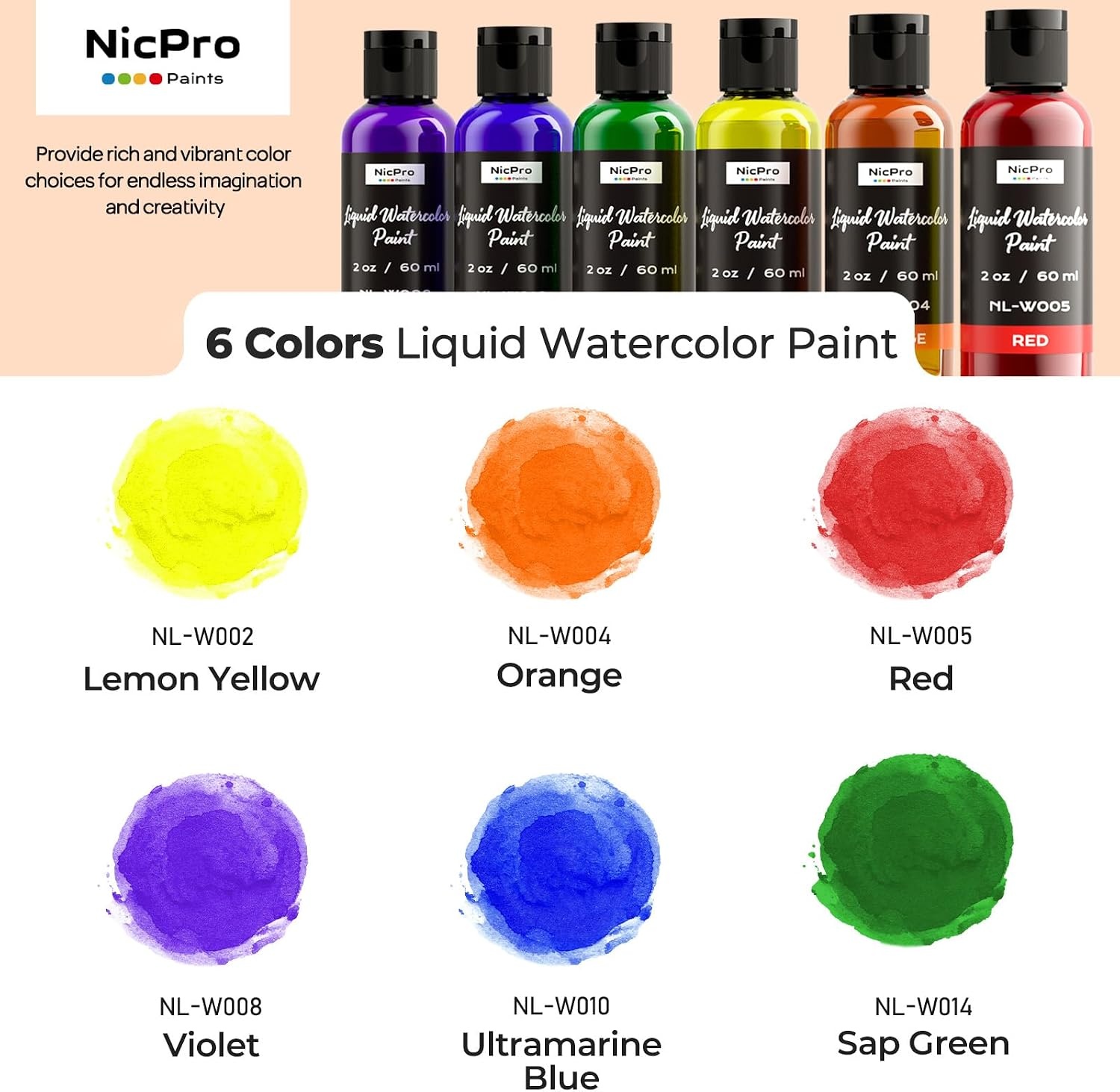image:imageNicpro 6 Colors Liquid Watercolor Paint Set 2 oz Concentrated Water Color Paints for Kids amp Adults NonToxic Classroom Art Supplies for School Home Crafts Slime Glue Clay Party Activities6 Colors