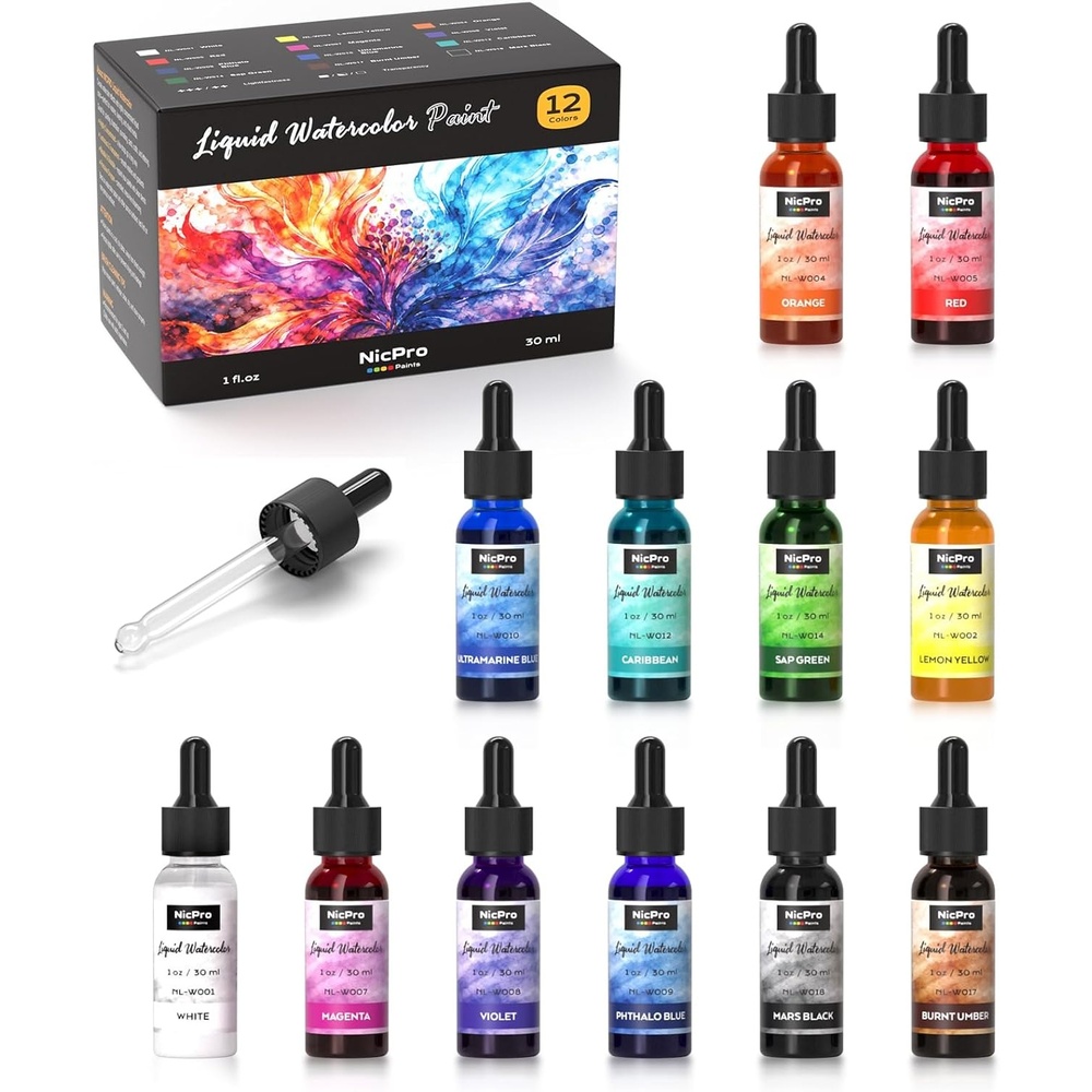 image:imageNicpro 12 Colors Liquid Watercolor Paint Set 30ml 1oz Ink Dropper Bottles  Liquid Watercolor Paint NonToxic Water Colors Painting Supplies for Calligraphy Illustration Journaling amp Crafts