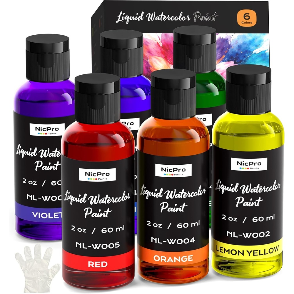 image:imageNicpro 6 Colors Liquid Watercolor Paint Set 2 oz Concentrated Water Color Paints for Kids amp Adults NonToxic Classroom Art Supplies for School Home Crafts Slime Glue Clay Party Activities6 Colors
