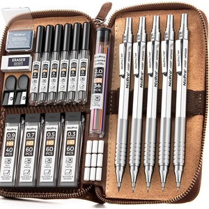 image:imageNicpro 33PCS Black Metal Mechanical Pencil Set in Leather Case Art Drafting Pencil 03 05 07 09 mm 2mm Lead Holders for Sketching Drawing with 18 Tube 6B 4B 2B HB 2H 4H Colors Lead RefillsSilver