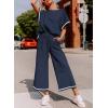 imageSHEWIN Womens 2 Piece Outfits Sweatsuit Casual Short Sleeve Pullover Tops and Drawstring Wide Leg Pants Lounge SetsD Striped Blue White