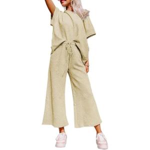 imageSHEWIN Womens 2 Piece Outfits Sweatsuit Casual Short Sleeve Pullover Tops and Drawstring Wide Leg Pants Lounge SetsB Apricot
