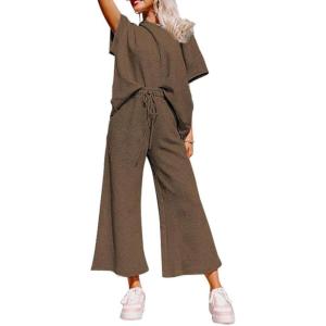 imageSHEWIN Womens 2 Piece Outfits Sweatsuit Casual Short Sleeve Pullover Tops and Drawstring Wide Leg Pants Lounge SetsB Brown