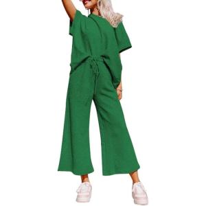 imageSHEWIN Womens 2 Piece Outfits Sweatsuit Casual Short Sleeve Pullover Tops and Drawstring Wide Leg Pants Lounge SetsB Green