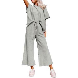 imageSHEWIN Womens 2 Piece Outfits Sweatsuit Casual Short Sleeve Pullover Tops and Drawstring Wide Leg Pants Lounge SetsB Grey