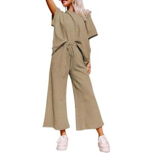 imageSHEWIN Womens 2 Piece Outfits Sweatsuit Casual Short Sleeve Pullover Tops and Drawstring Wide Leg Pants Lounge SetsB Khaki