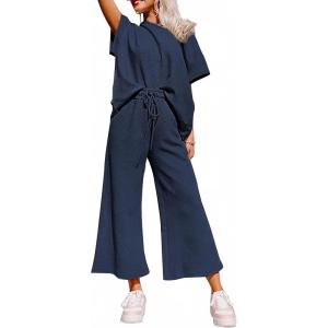 imageSHEWIN Womens 2 Piece Outfits Sweatsuit Casual Short Sleeve Pullover Tops and Drawstring Wide Leg Pants Lounge SetsB Navy Blue
