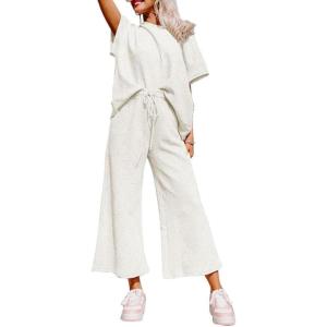 imageSHEWIN Womens 2 Piece Outfits Sweatsuit Casual Short Sleeve Pullover Tops and Drawstring Wide Leg Pants Lounge SetsB White