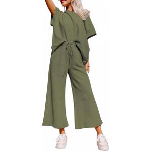 imageSHEWIN Womens 2 Piece Outfits Sweatsuit Casual Short Sleeve Pullover Tops and Drawstring Wide Leg Pants Lounge SetsC Army Green
