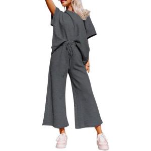imageSHEWIN Womens 2 Piece Outfits Sweatsuit Casual Short Sleeve Pullover Tops and Drawstring Wide Leg Pants Lounge SetsC Dark Grey
