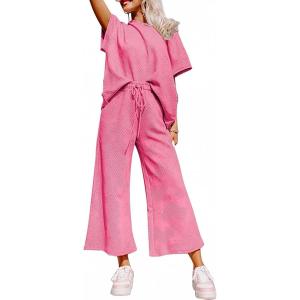 imageSHEWIN Womens 2 Piece Outfits Sweatsuit Casual Short Sleeve Pullover Tops and Drawstring Wide Leg Pants Lounge SetsC Hot Pink
