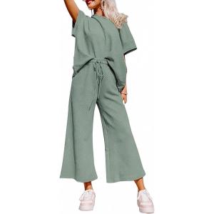imageSHEWIN Womens 2 Piece Outfits Sweatsuit Casual Short Sleeve Pullover Tops and Drawstring Wide Leg Pants Lounge SetsC Light Green