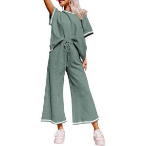 imageSHEWIN Womens 2 Piece Outfits Sweatsuit Casual Short Sleeve Pullover Tops and Drawstring Wide Leg Pants Lounge SetsD Stripe Light Green