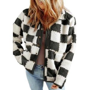 imageSHEWIN Jackets For Women Causal Sherpa Fall Jacket Loose Button Down Plaid Winter CoatsBlack Run Big  Order One Size Down