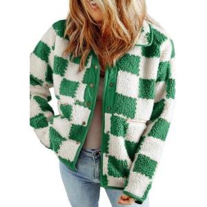imageSHEWIN Jackets For Women Causal Sherpa Fall Jacket Loose Button Down Plaid Winter CoatsBlackish Green Run Big  Order One Size Down