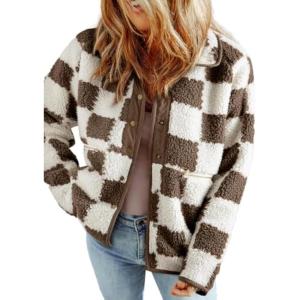 imageSHEWIN Jackets For Women Causal Sherpa Fall Jacket Loose Button Down Plaid Winter CoatsChestnut Run Big  Order One Size Down