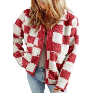 imageSHEWIN Jackets For Women Causal Sherpa Fall Jacket Loose Button Down Plaid Winter CoatsFiery Red Run Big  Order One Size Down