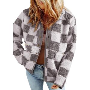 imageSHEWIN Jackets For Women Causal Sherpa Fall Jacket Loose Button Down Plaid Winter CoatsGrey Run Big  Order One Size Down