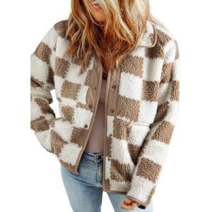 imageSHEWIN Jackets For Women Causal Sherpa Fall Jacket Loose Button Down Plaid Winter CoatsPale Khaki Run Big  Order One Size Down
