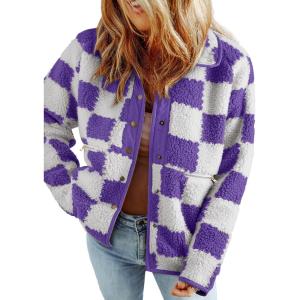 imageSHEWIN Jackets For Women Causal Sherpa Fall Jacket Loose Button Down Plaid Winter CoatsWisteria Run Big  Order One Size Down