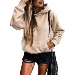 imageSHEWIN Womens Casual Hoodies Long Sleeve Solid Lightweight Pullover Tops Loose Sweatshirt with Pocket1 Apricot