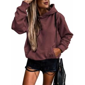 imageSHEWIN Womens Casual Hoodies Long Sleeve Solid Lightweight Pullover Tops Loose Sweatshirt with Pocket1 Wine Red