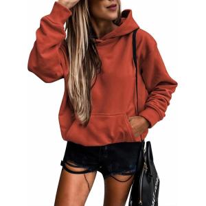 imageSHEWIN Womens Casual Hoodies Long Sleeve Solid Lightweight Pullover Tops Loose Sweatshirt with Pocket2 Orange