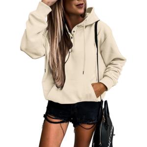 imageSHEWIN Womens Casual Hoodies Long Sleeve Solid Lightweight Pullover Tops Loose Sweatshirt with PocketB Apricot