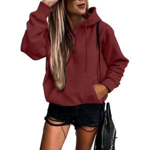 imageSHEWIN Womens Casual Hoodies Long Sleeve Solid Lightweight Pullover Tops Loose Sweatshirt with PocketB Red