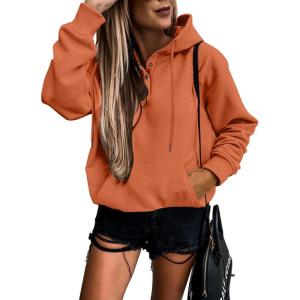 imageSHEWIN Womens Casual Hoodies Long Sleeve Solid Lightweight Pullover Tops Loose Sweatshirt with PocketD Orange