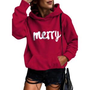 imageSHEWIN Womens Casual Hoodies Long Sleeve Solid Lightweight Pullover Tops Loose Sweatshirt with PocketM Merry Red